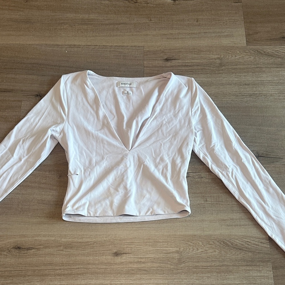 Aritzia Babaton Deep V Long-Sleeve Cropped Top in White